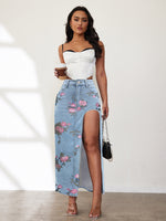High Slit Denim Skirt Women's Washed Solid Color Midi Skirt