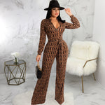 Fashion Digital Printed Long Sleeve V-Neck Jumpsuit