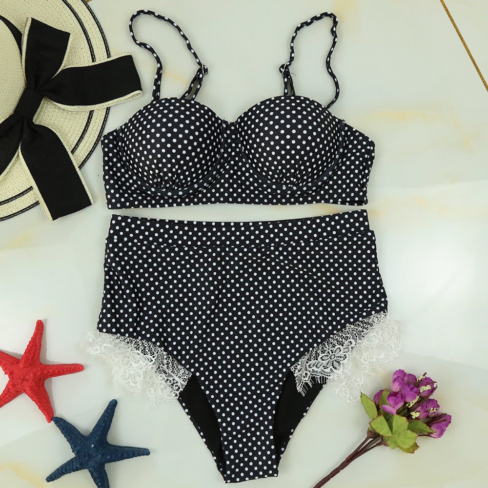 Swimsuit Split Polka Dot High Waist Underwire Lace Bikini
