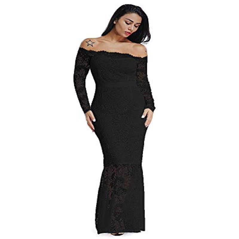 Slim lace off-the-shoulder fishtail wrap dress