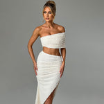 Off-shoulder Slim Tube Top Texture Split Skirt