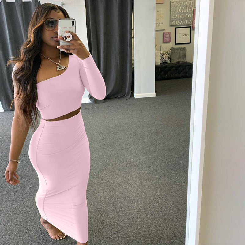 Echoine One Shoulder Sleeve Off Shoulder Jacket And Skirt Two Piece Sexy Party Street Style