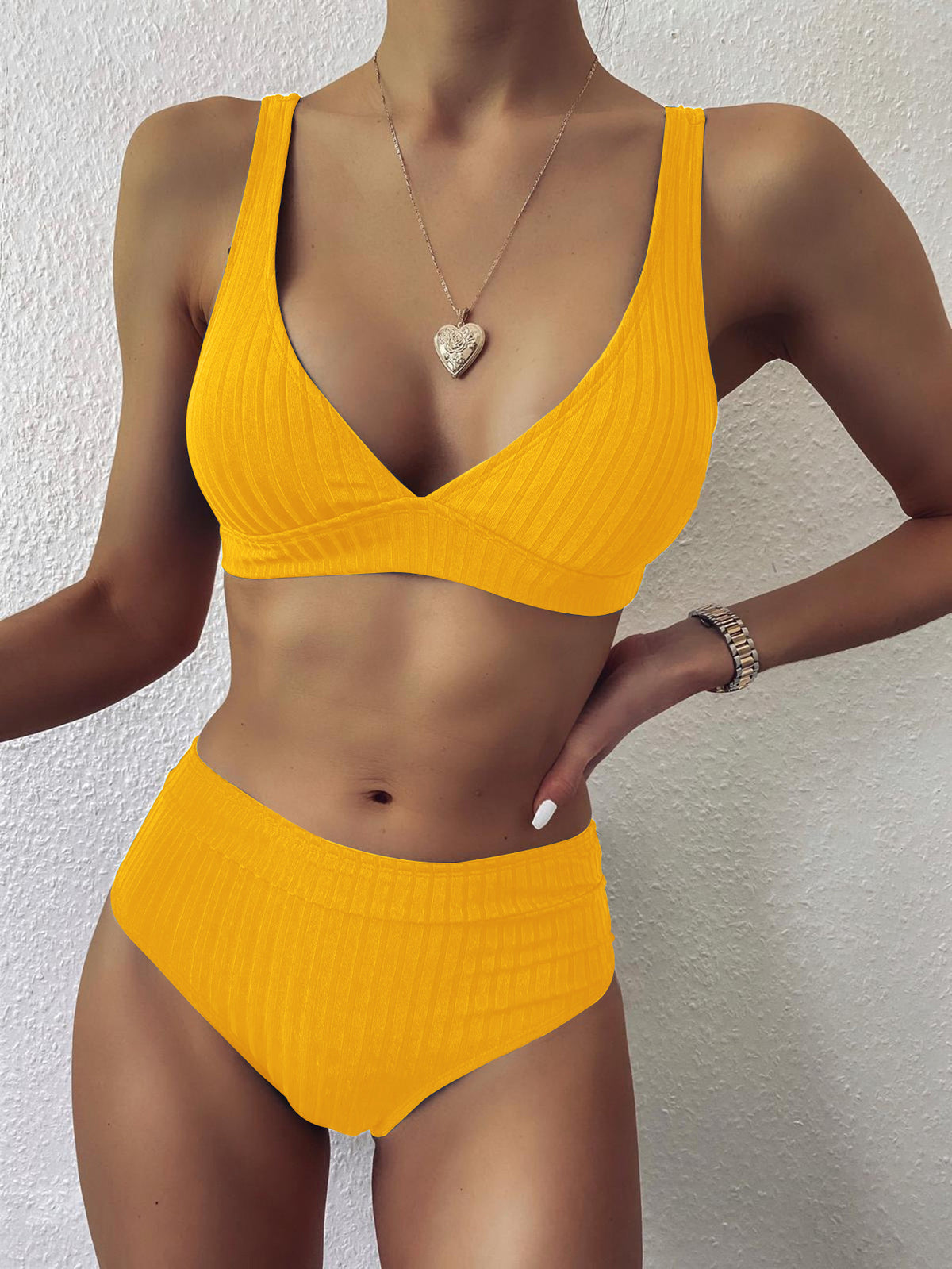 High Waist Solid Color Bikini Split Swimsuit