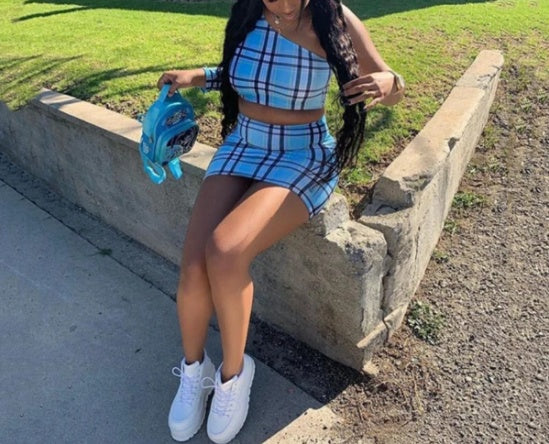 Women Two Piece Set One Shoulder Long Sleeve Crotp Top Skirt