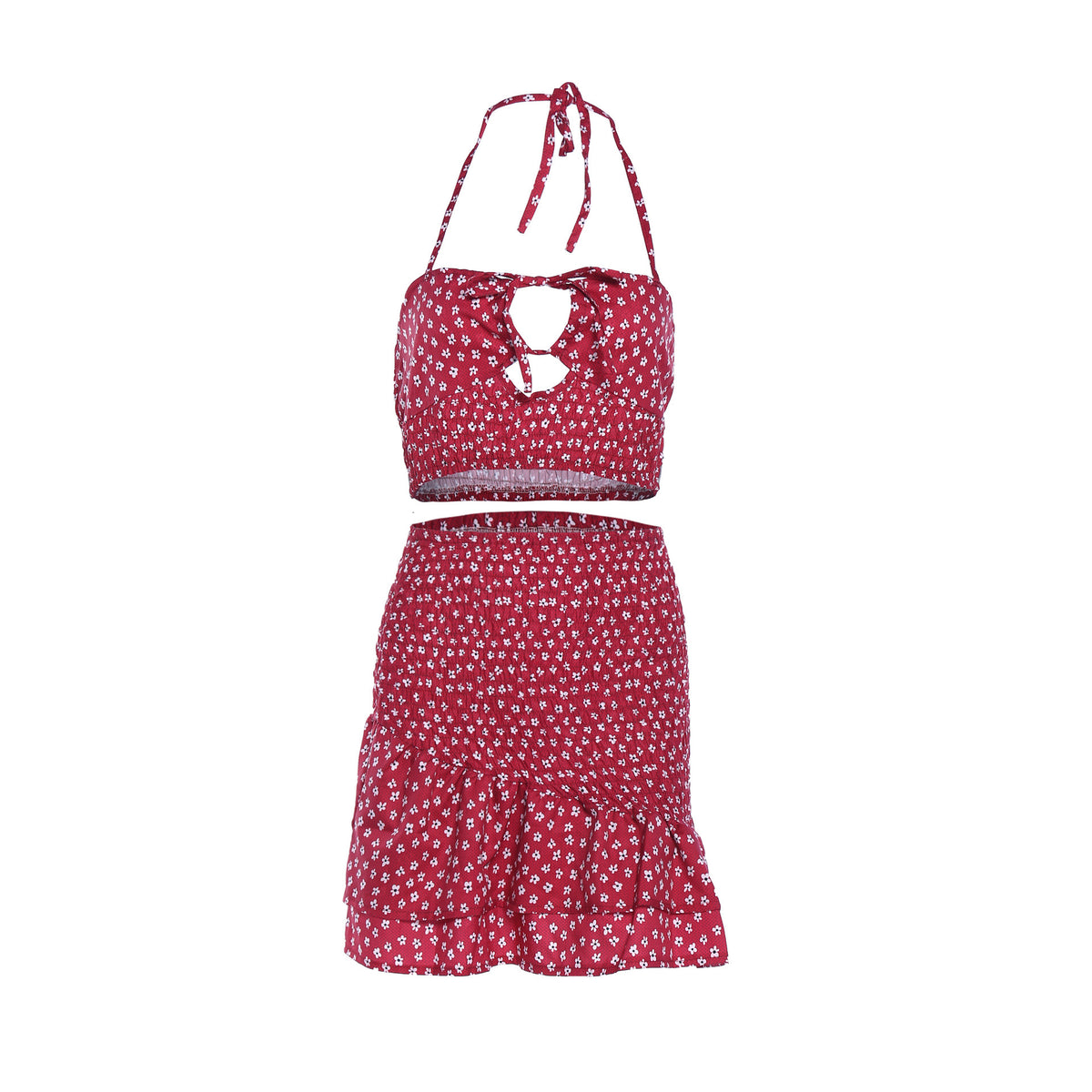 Sexy Halter Halter Camisole Top Two-Piece Pleated Floral Skirt Set