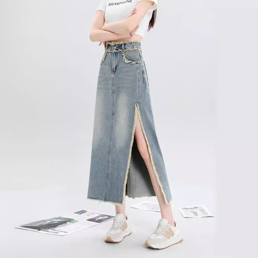 Slit Burrs Denim Skirt For Women