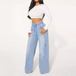High Waist Drawstring Loose Wide Leg Light Blue Jeans