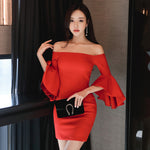 Off shoulder one line collar flared sleeve style skirt