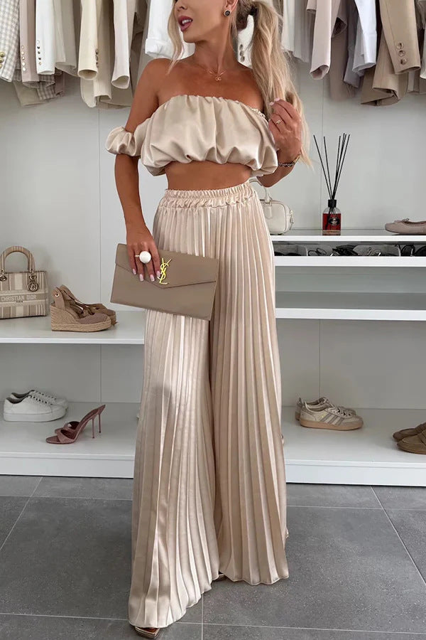 Women's Fashion Satin Tube Top Wide Leg Pants Suit
