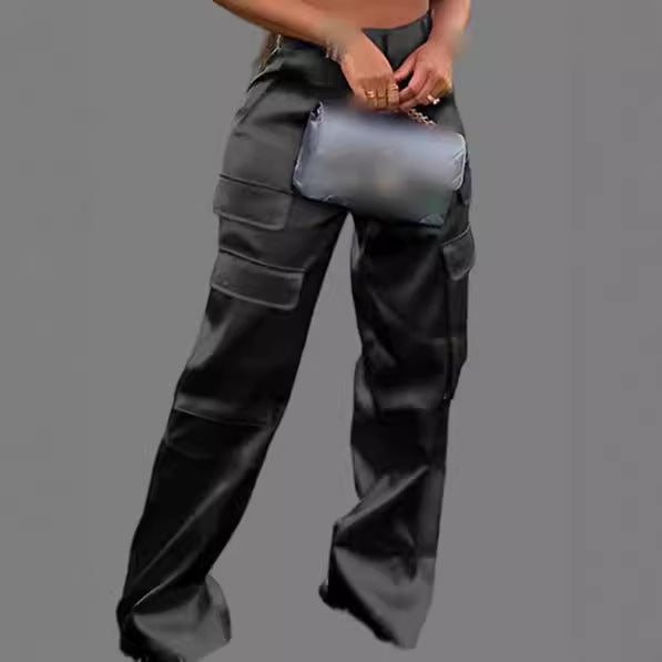 Fashion Casual Zipper Solid Color Multi-pocket Straight-leg Pants