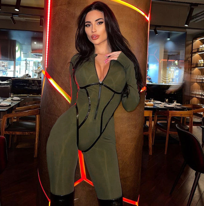 Leather Strap Split Design Sense Sports Style Tight Long Sleeve Jumpsuit