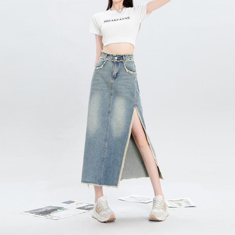 Slit Burrs Denim Skirt For Women