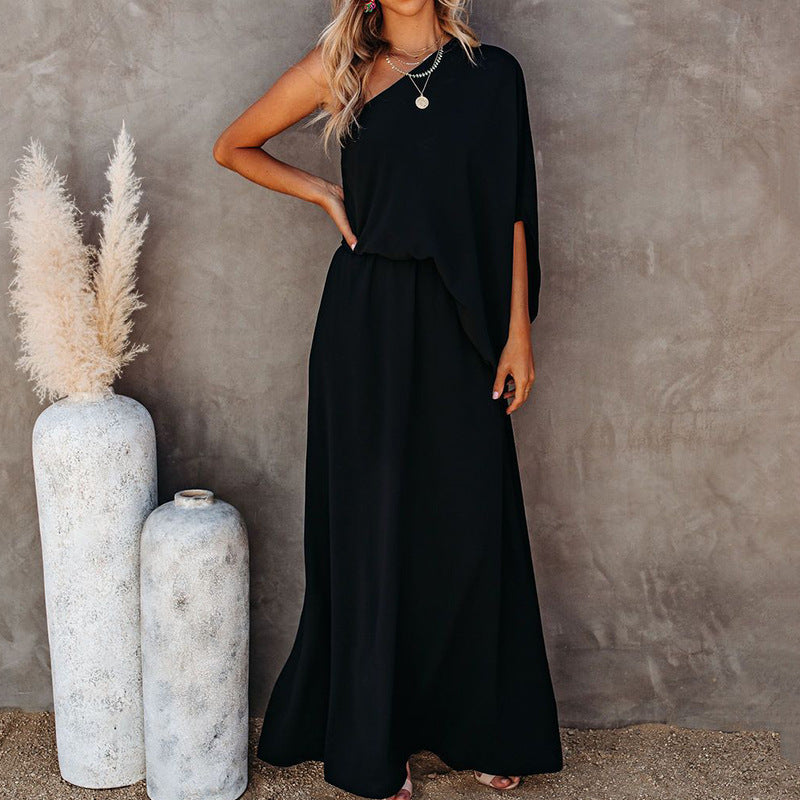 Fashion Dress Slant Collar Off Shoulder Side Slit Temperament Long Skirt Women