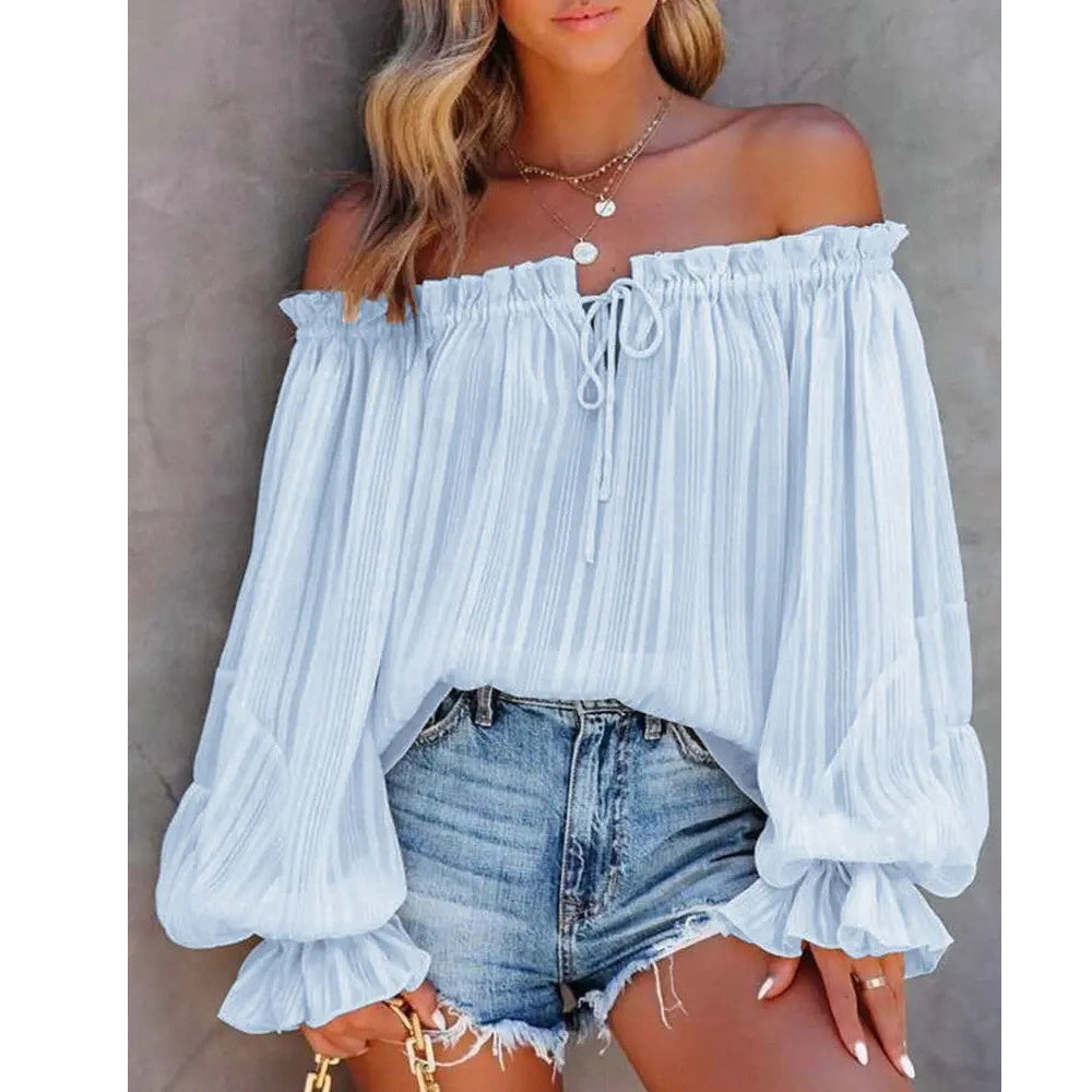 European And American New Off-shoulder Off-shoulder Top Off-shoulder Elastic Loose Bishop Sleeves Top