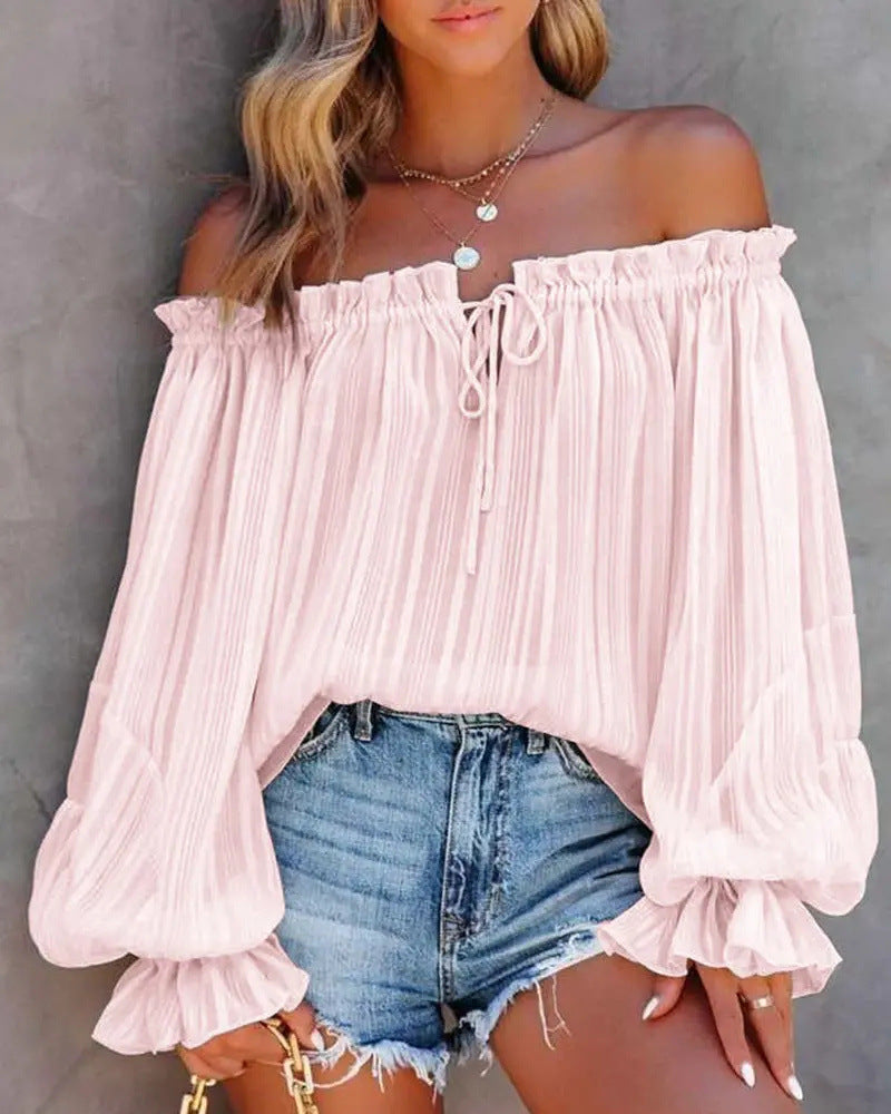 European And American New Off-shoulder Off-shoulder Top Off-shoulder Elastic Loose Bishop Sleeves Top