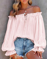 European And American New Off-shoulder Off-shoulder Top Off-shoulder Elastic Loose Bishop Sleeves Top