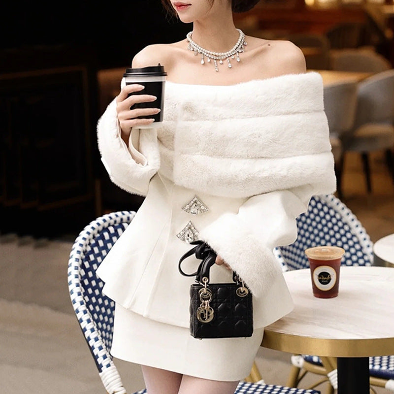 Women's Fashion Casual Off-shoulder Imitation Fox Fur Rhinestone Coat Short Skirt Two-piece Set