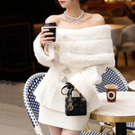 Women's Fashion Casual Off-shoulder Imitation Fox Fur Rhinestone Coat Short Skirt Two-piece Set