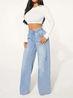 High Waist Drawstring Loose Wide Leg Light Blue Jeans