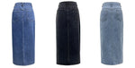 High Slit Denim Skirt Women's Washed Solid Color Midi Skirt
