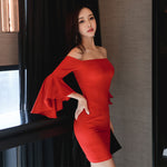 Off shoulder one line collar flared sleeve style skirt