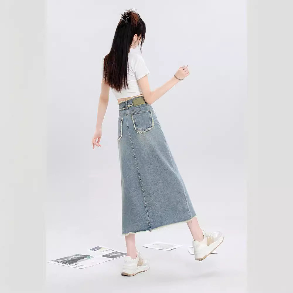 Slit Burrs Denim Skirt For Women
