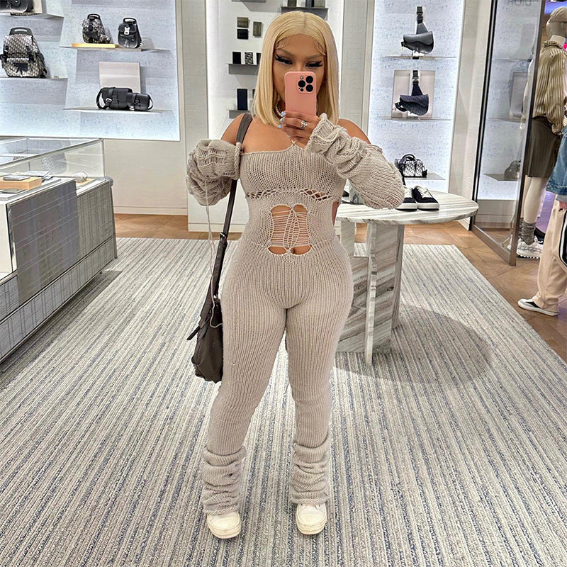 New Wool Over-sleeve Backless Lace-up Jumpsuit