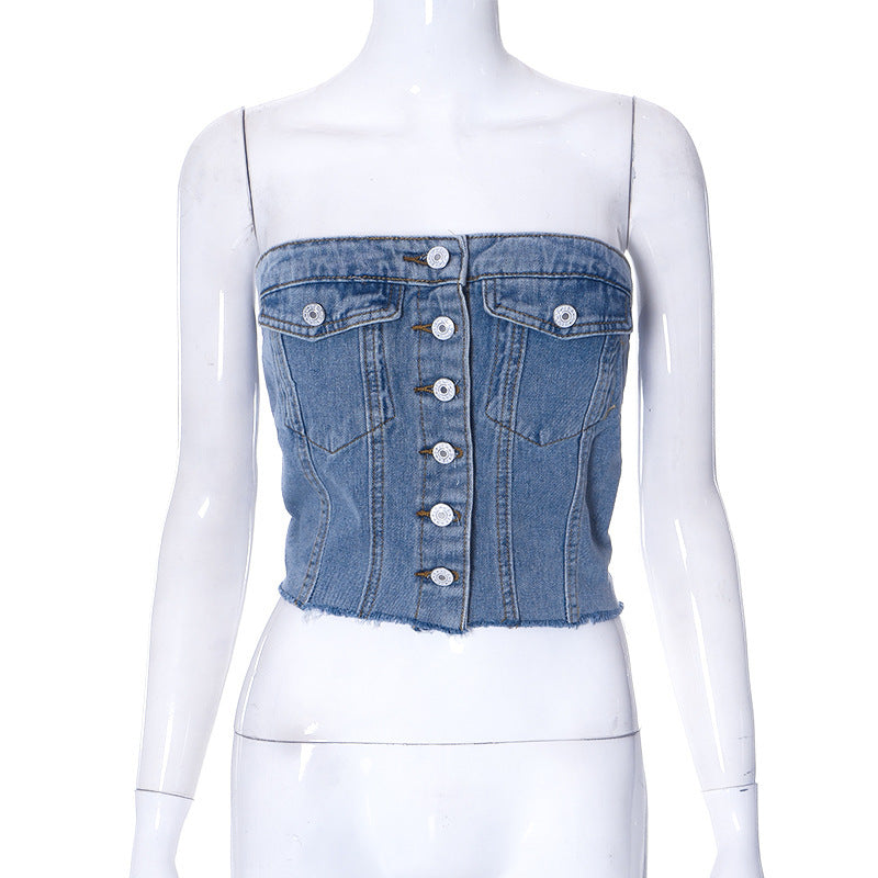 Fashion Denim Button Tank-top Women