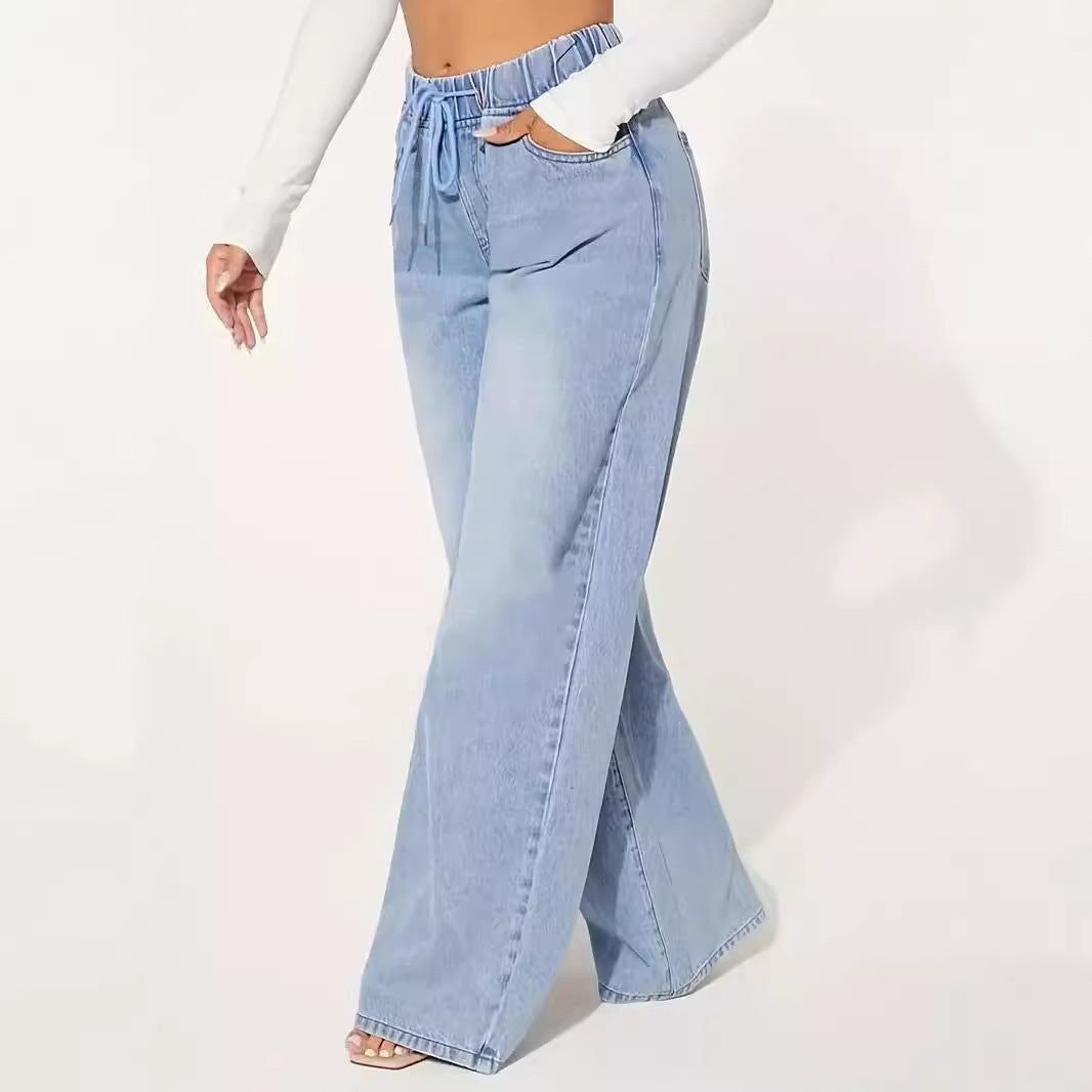 High Waist Drawstring Loose Wide Leg Light Blue Jeans