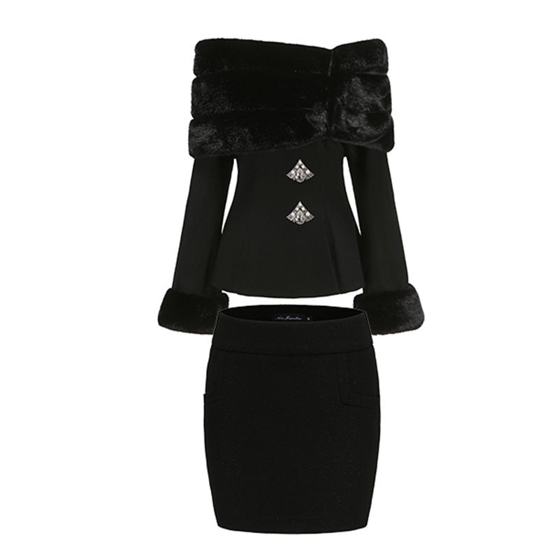 Women's Fashion Casual Off-shoulder Imitation Fox Fur Rhinestone Coat Short Skirt Two-piece Set