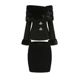 Women's Fashion Casual Off-shoulder Imitation Fox Fur Rhinestone Coat Short Skirt Two-piece Set
