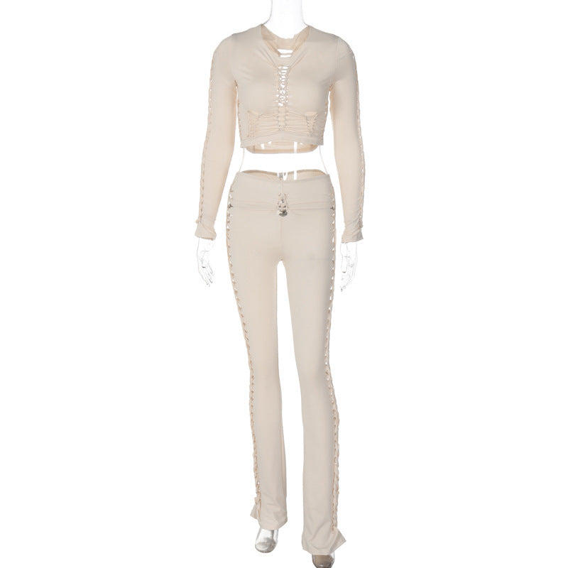 Fashion Round Neck Long Sleeve Top Hollow-out Slim Pants Suit