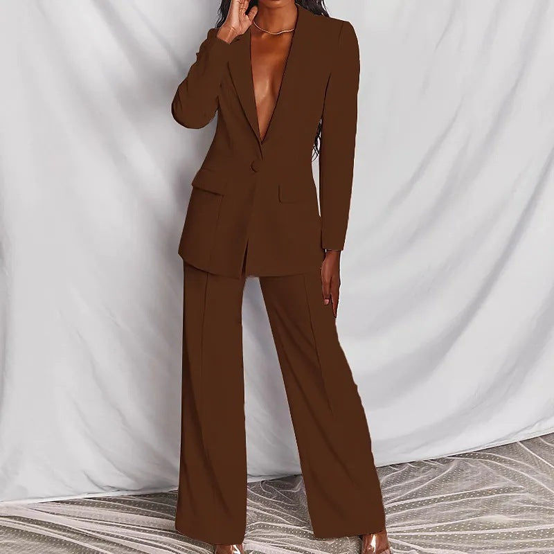 2 Piece SetSpring Elegant Solid Long Sleeve Blazer Suit And Pants For Women Autumn Classic OL Street Outfit