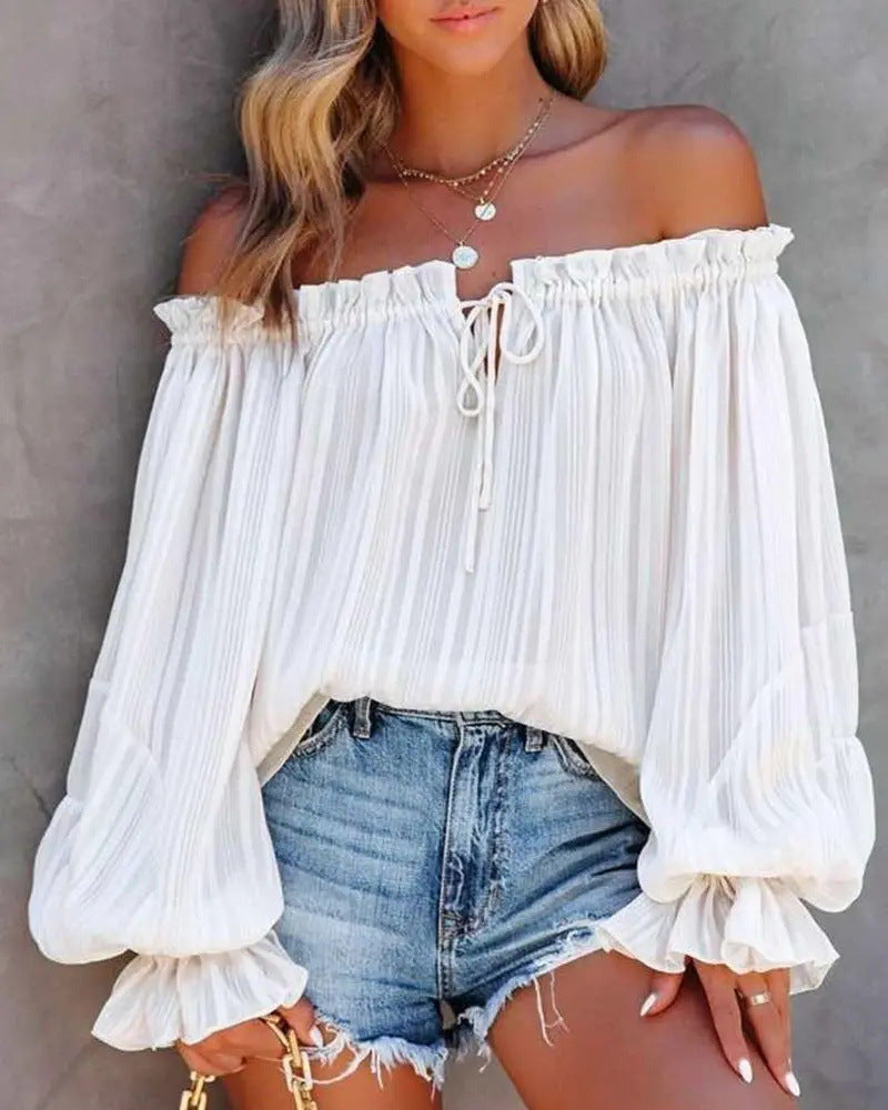 European And American New Off-shoulder Off-shoulder Top Off-shoulder Elastic Loose Bishop Sleeves Top
