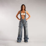 Y2K Zipper Denim Overalls With Pockets Fashion Loose Suspender Jumpsuit Streetwear Jeans Pants Womens Clothing