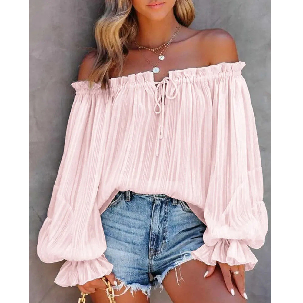 European And American New Off-shoulder Off-shoulder Top Off-shoulder Elastic Loose Bishop Sleeves Top