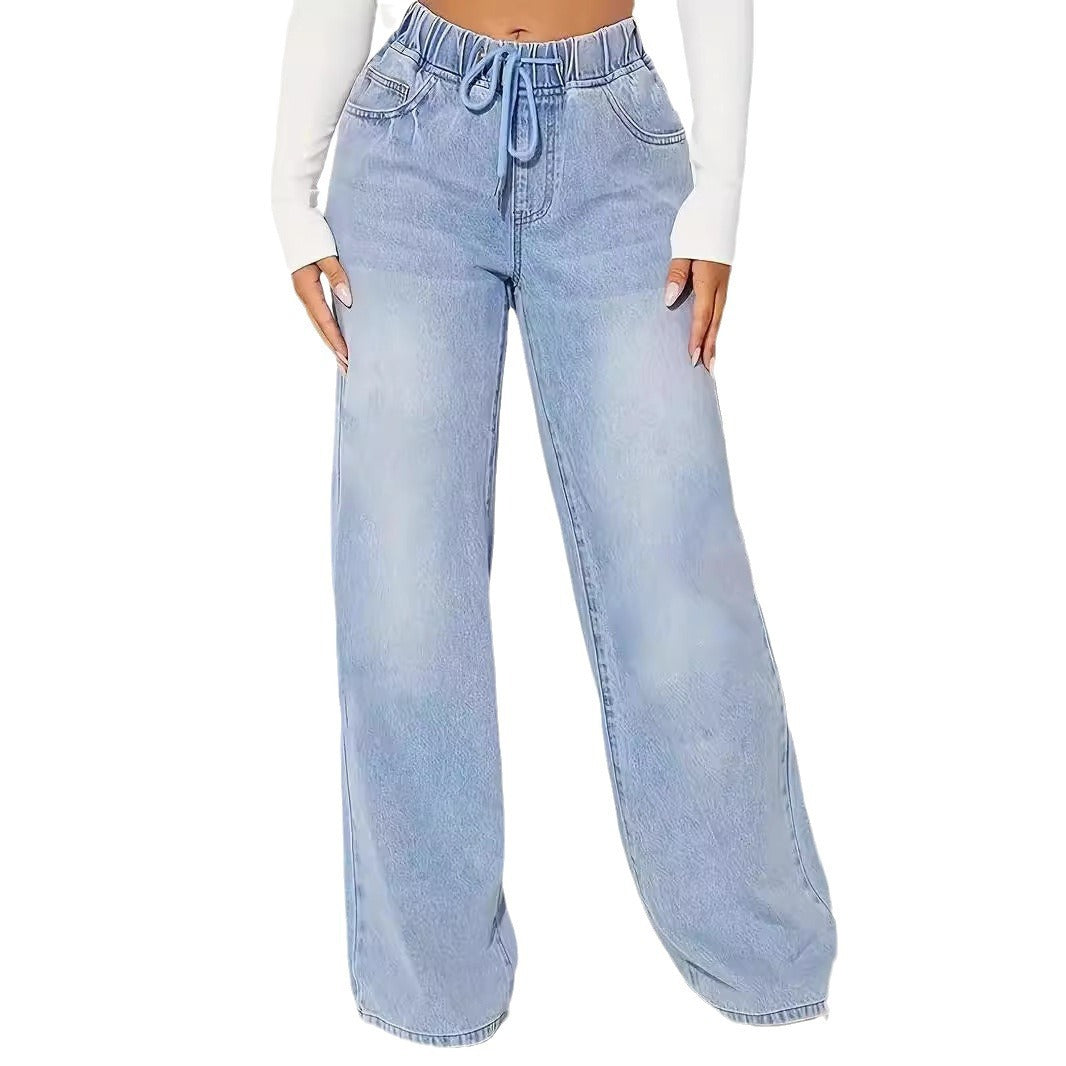 High Waist Drawstring Loose Wide Leg Light Blue Jeans