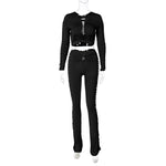 Fashion Round Neck Long Sleeve Top Hollow-out Slim Pants Suit