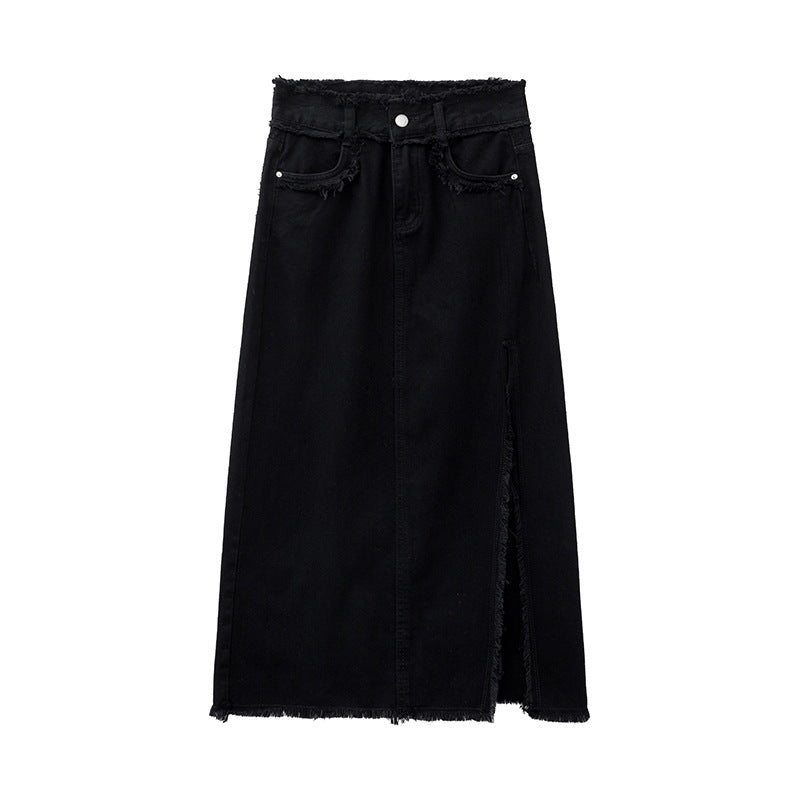 Slit Burrs Denim Skirt For Women