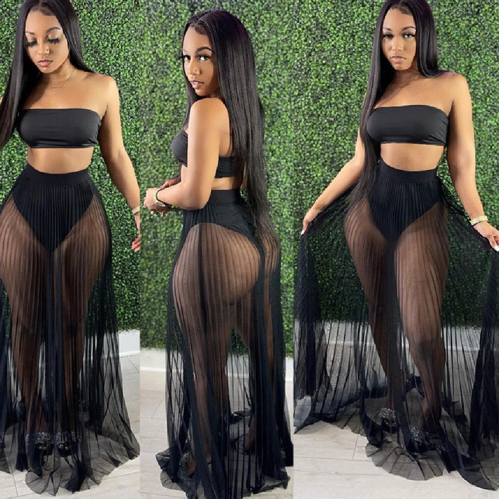 Fashion Women Mesh Pleated Skirt Three-piece Dress