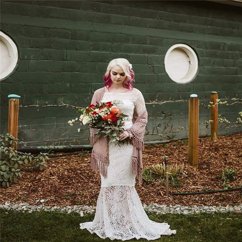 Slim lace off-the-shoulder fishtail wrap dress