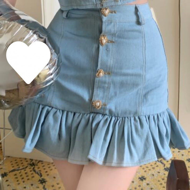 Women's Fashion Denim Top Half Skirt Two-piece Set