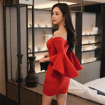 Off shoulder one line collar flared sleeve style skirt