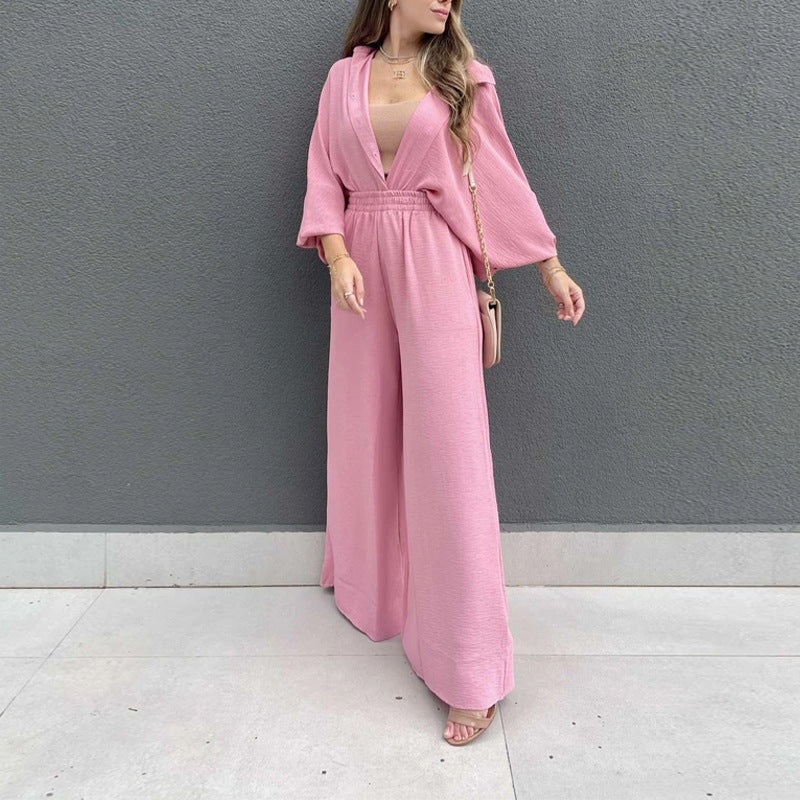 Solid Color Single Breasted Lantern Sleeve Shirt And Pants