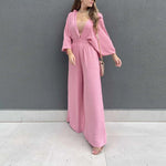 Solid Color Single Breasted Lantern Sleeve Shirt And Pants