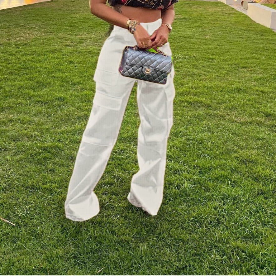 Fashion Casual Zipper Solid Color Multi-pocket Straight-leg Pants