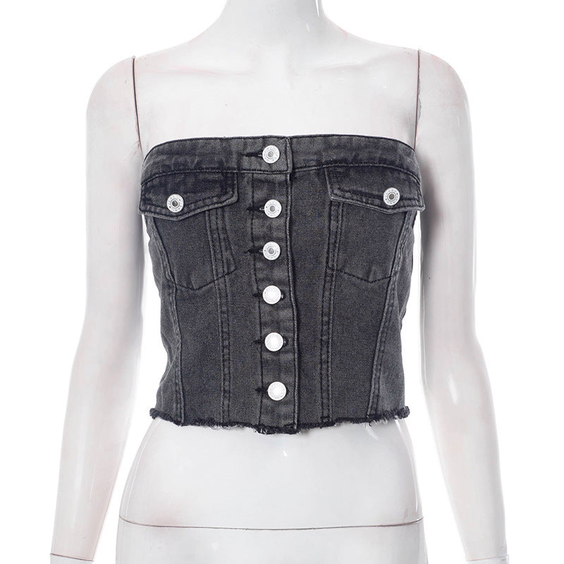 Fashion Denim Button Tank-top Women
