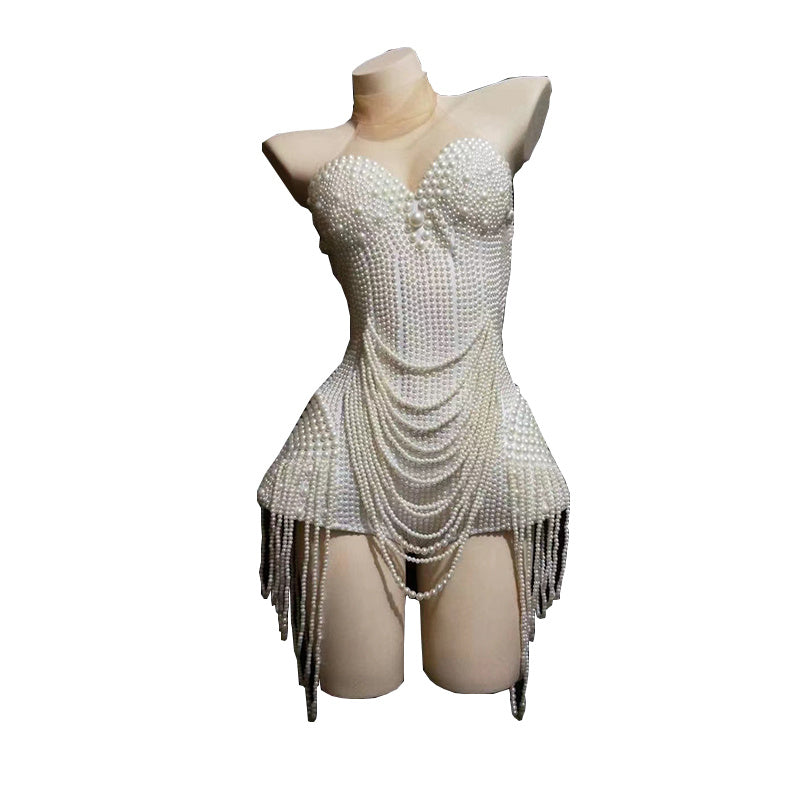 Women's Fashion White Beaded Tube Top Wrap Skinny Skirt