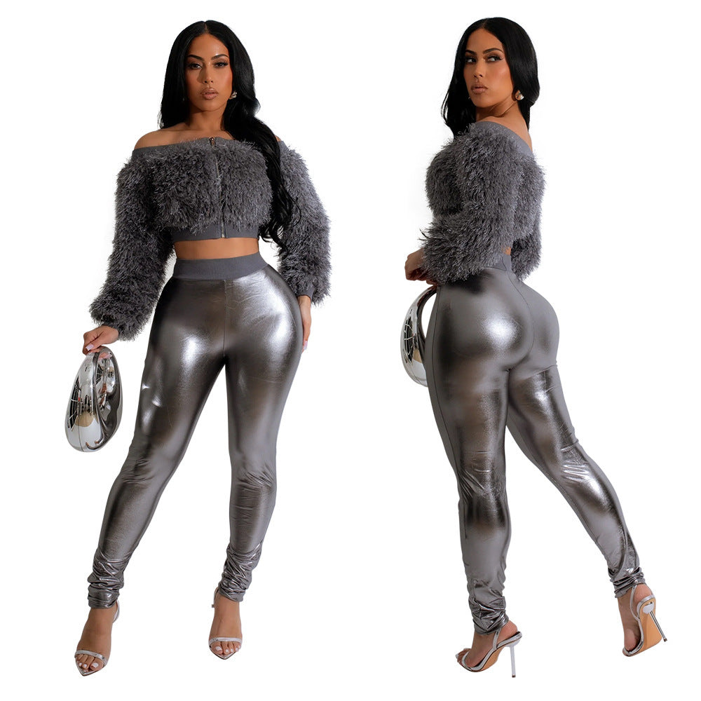 Women's Fashion Off-shoulder Long Sleeve Slim-fit Trousers Two-piece Set