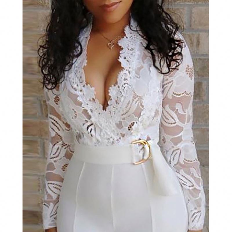 Best Selling Women v Neck Sexy Mesh White Lace Jumpsuit Fall Jumpsuits for Women